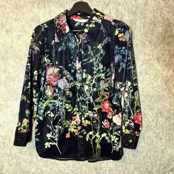 Soft Surroundings Black Floral Button Down Long Sleeve Velour Shirt - PS - Picture 1 of 7